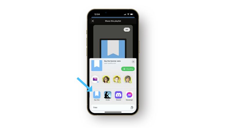 Sharing a Spotify playlist from the Share menu into Day One