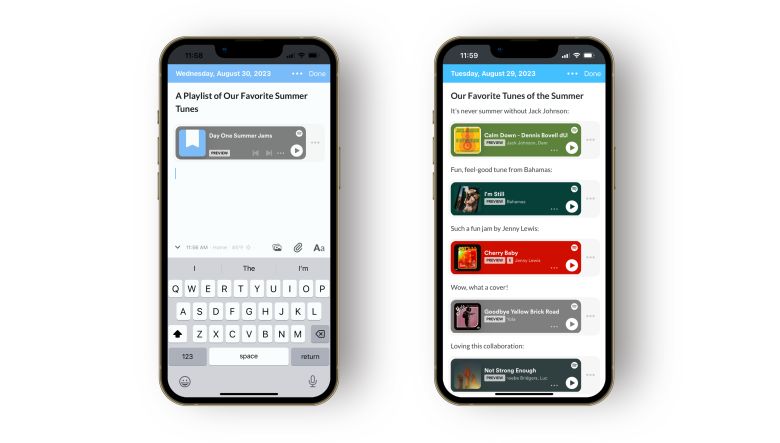 A screenshot of Spotify playlists and tracks embedded in a Day One journal entry