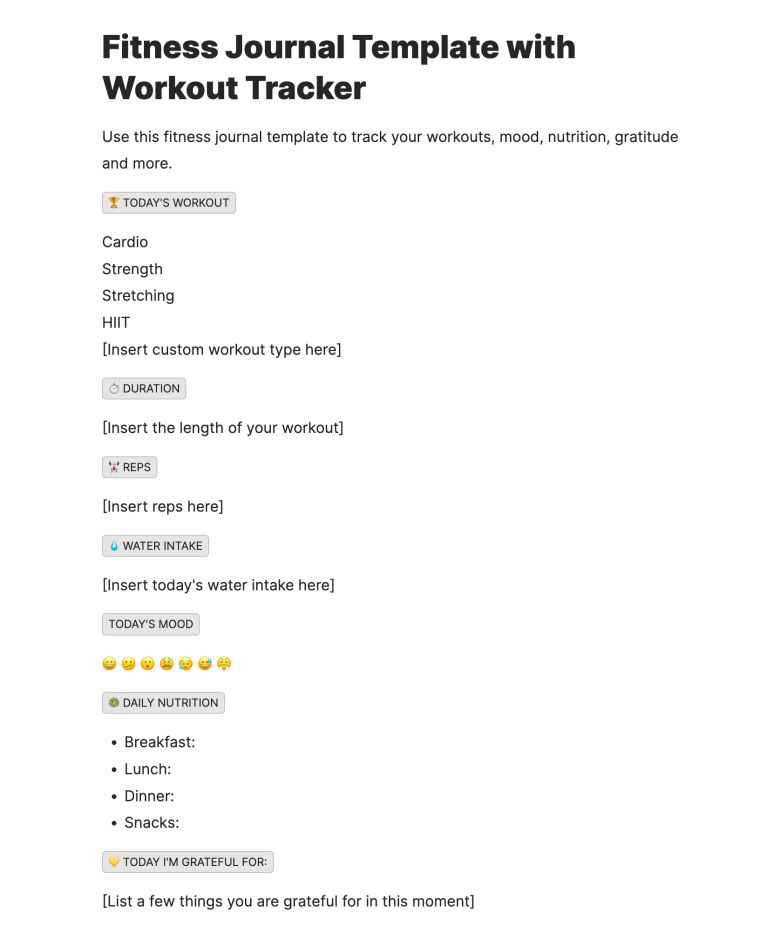 An example fitness journal tracker template