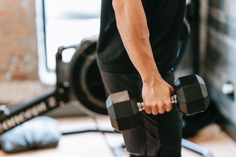 A person lifts weights while working out