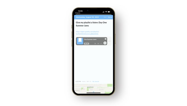 A screenshot that previews a Spotify playlist embed in Day One