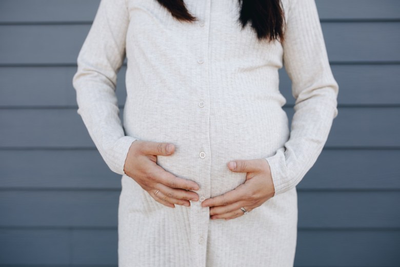 A pregnant woman takes a photo for a pregnancy journal