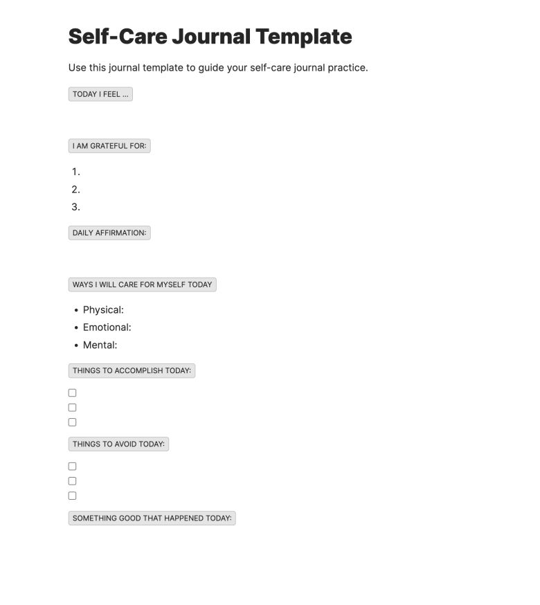An example self-care journal template