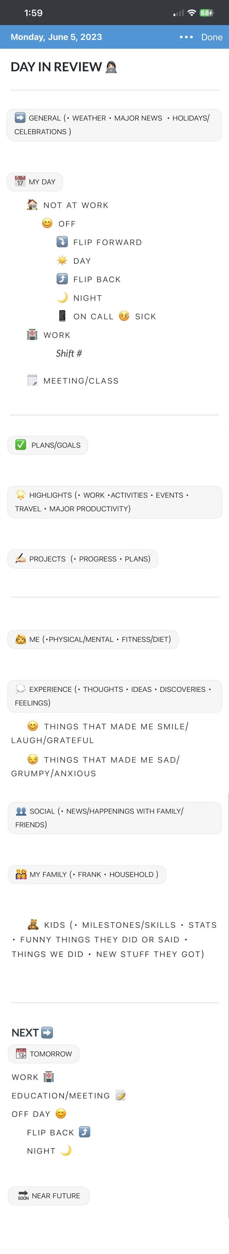 An example of Suzanne's "Day in Review" journal template in the Day One app.