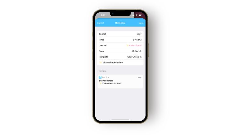 Creating a reminder using the Day One app 