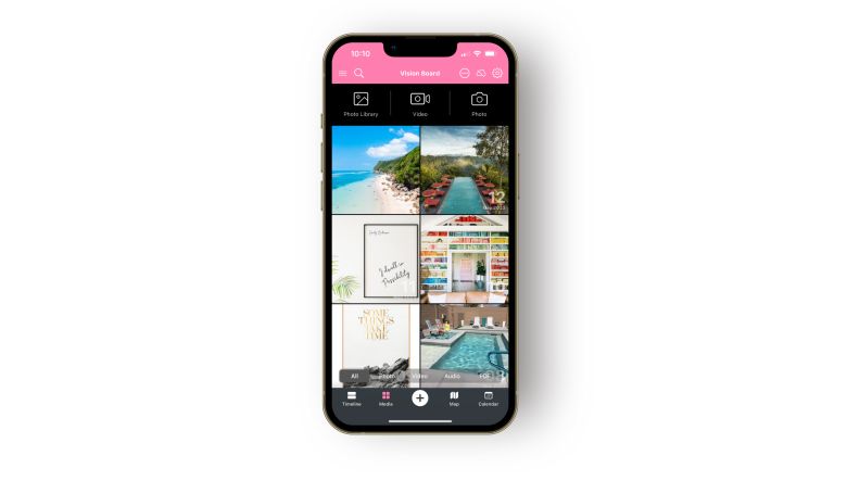 An example of a vision board with photos, quotes, and videos 