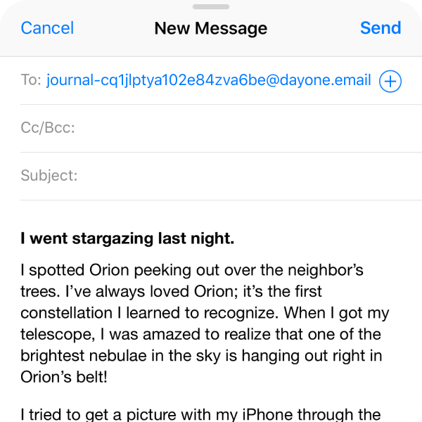 Compose, bcc, or forward email entries straight from your email inbox to your Day One journal image.