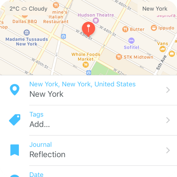Time, date, weather, step count, and other key data is magically added to every entry image.
