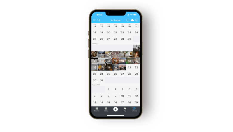 A screenshot of Day One's Calendar View for photo journaling