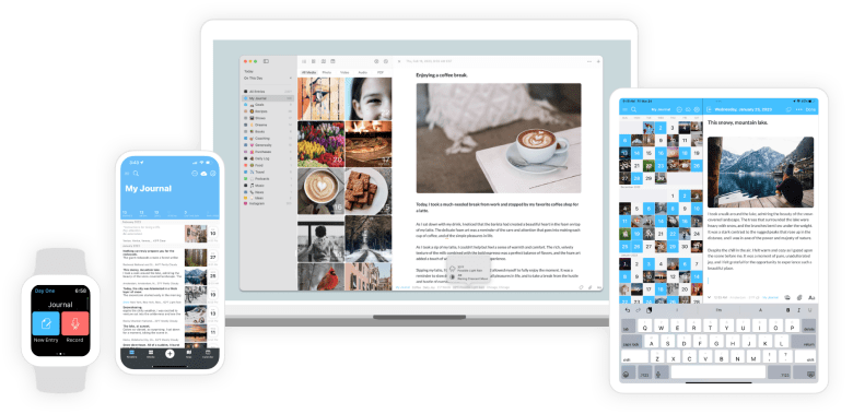 a display of the Day One app on an iPad, MacBook, iPhone, and Apple Watch