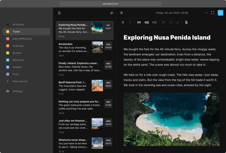 Day One web app dark theme