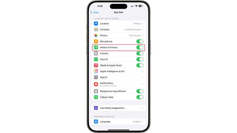 Toggle on Motion and Fitness for Day One app Settings. 