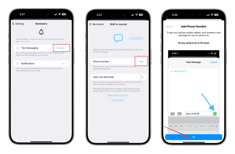 Screenshot with Settings > Reminders > Text Messaging Enable > Phone Number Add > OK
