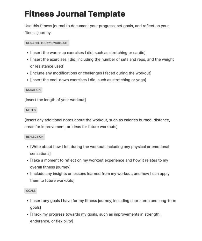 An example fitness journal template