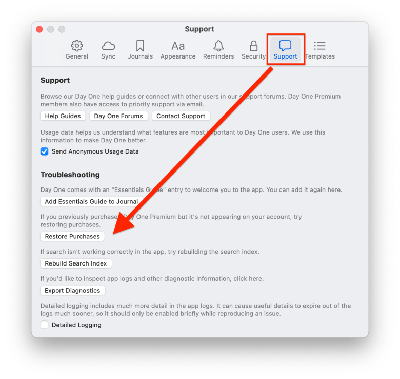 Support menu in the Day One macOS app