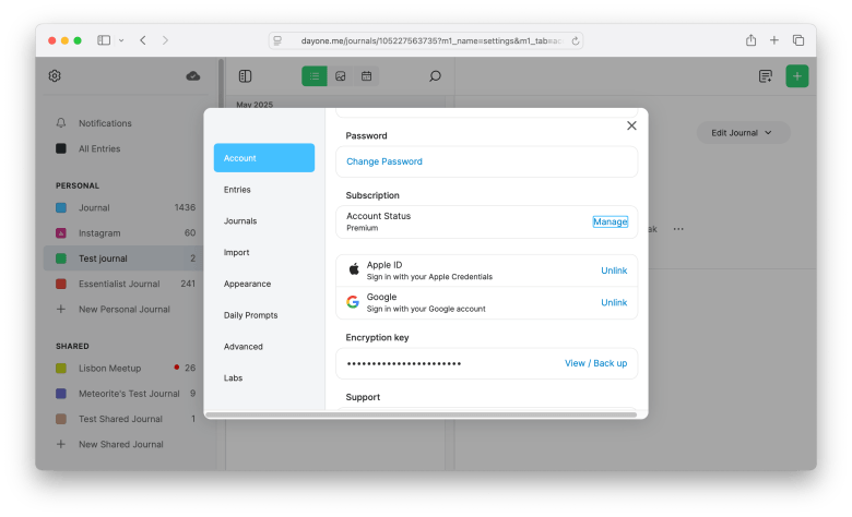 Account settings in the Day One web app
