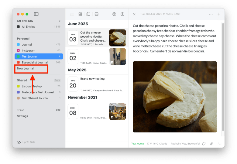 New Journal option in Day One for macOS